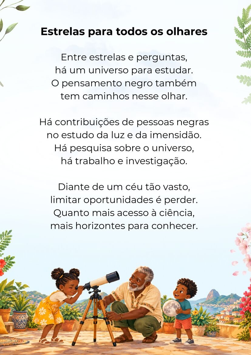 Poema Estrelas para todos os olhares, com um homem negro mais velho e crianças junto a um telescópio.